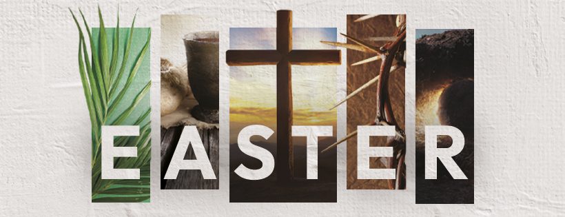 Easter series graphic with cross, palm branches, and tomb