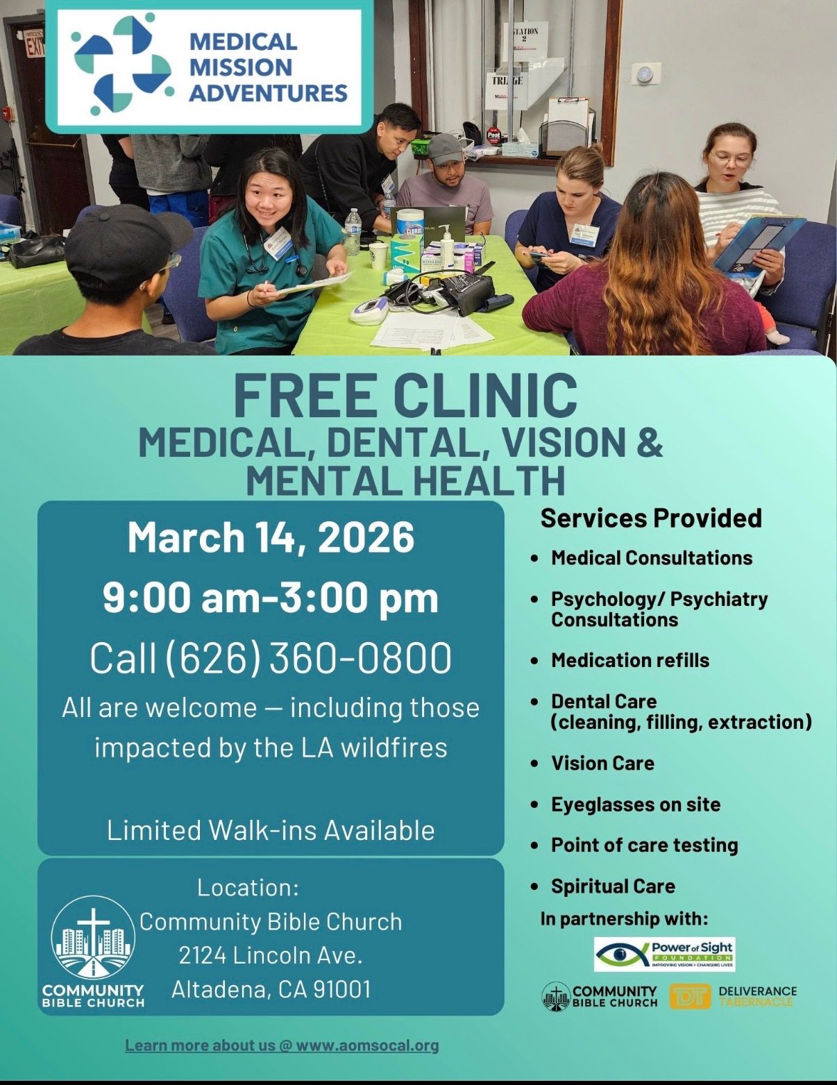 Free Clinic. Medical, Dental, Vision, & Mental Health. March 14, 2026. 9:00 am – 3:00 pm. Call 6263600800. All are welcome–including those impacted by the LA wildfires. Limited walk-ins available. Services provided: medical consultations, psychology/psychiatry consultations, medication refills, dental care, vision care, eyeglasses on site, point of care testing, spiritual care. Image: a group of people at the medical clinic.